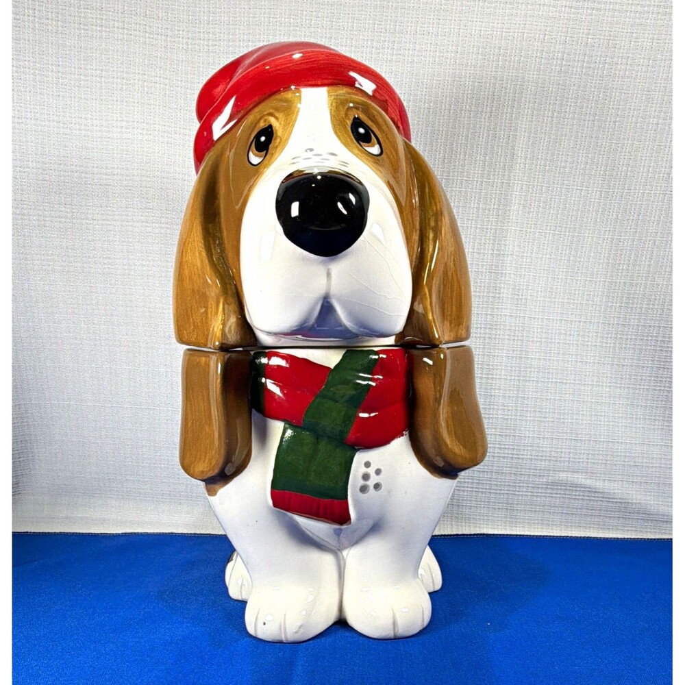 Pioneer Ceramic/Porcelain Dog Cookie Jar w/ Lid Christmas Red Hat Scarf